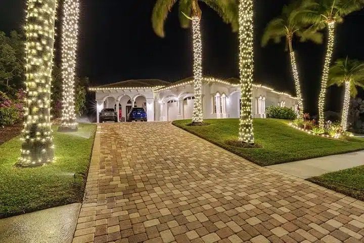 Warm white Christmas lights wrapped up palm trunks along a paver driveway at night
